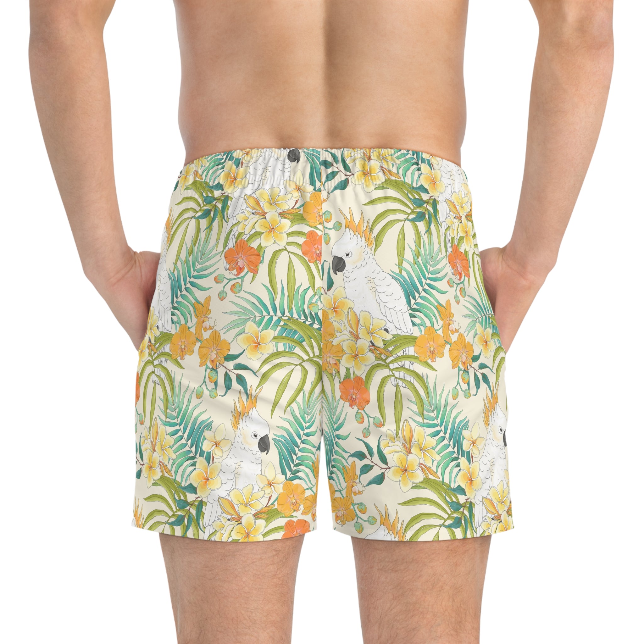 Cockatoo Tropical Swim Trunks — Floral Hawaiian All-Over Print 