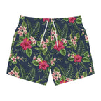 Men's Tropical Floral Swim Trunks — Navy Hibiscus All-Over Print 