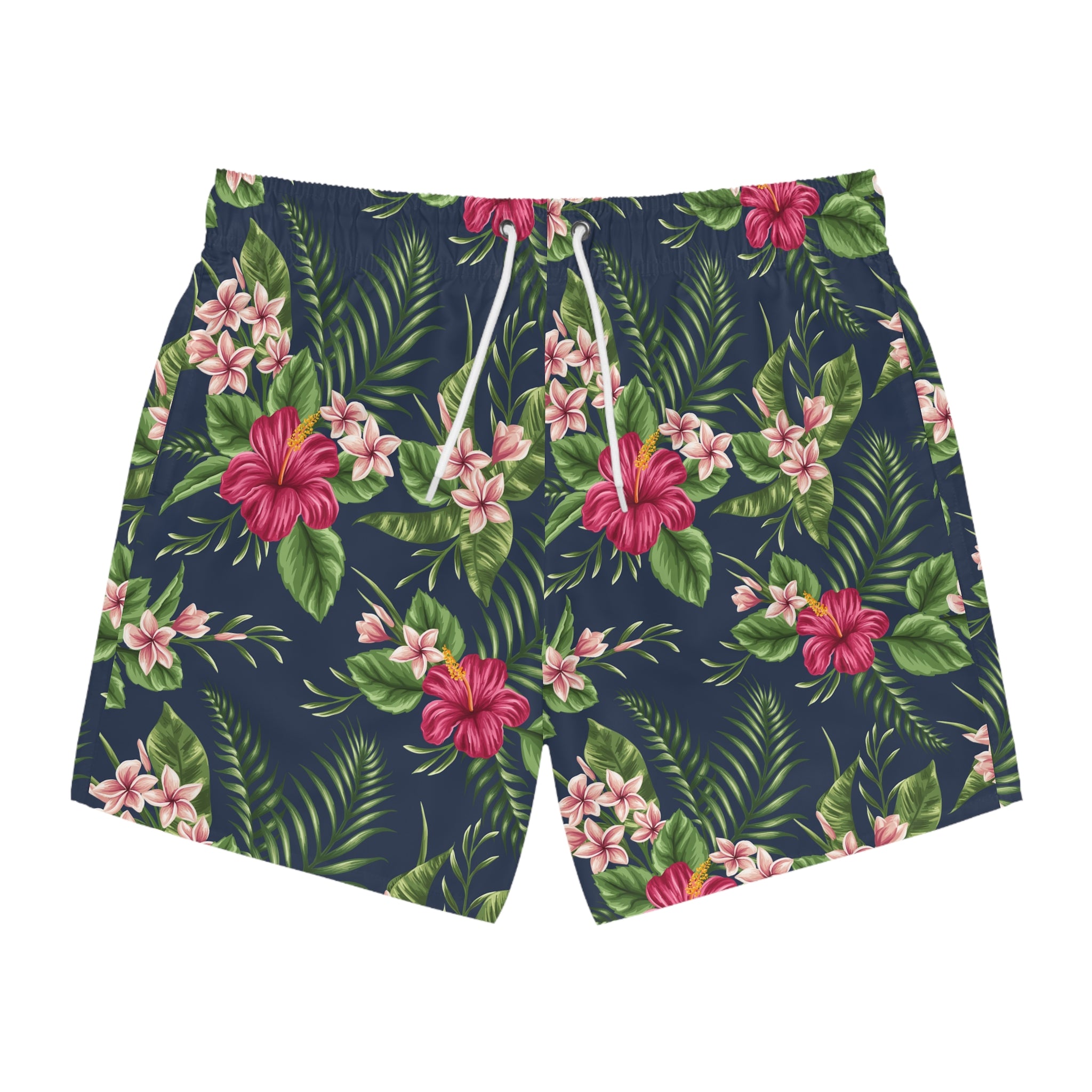 Men's Tropical Floral Swim Trunks — Navy Hibiscus All-Over Print 