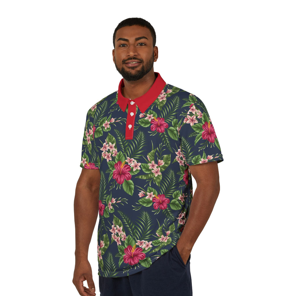 Tropical Floral Polo Shirt — Navy Hibiscus Print 