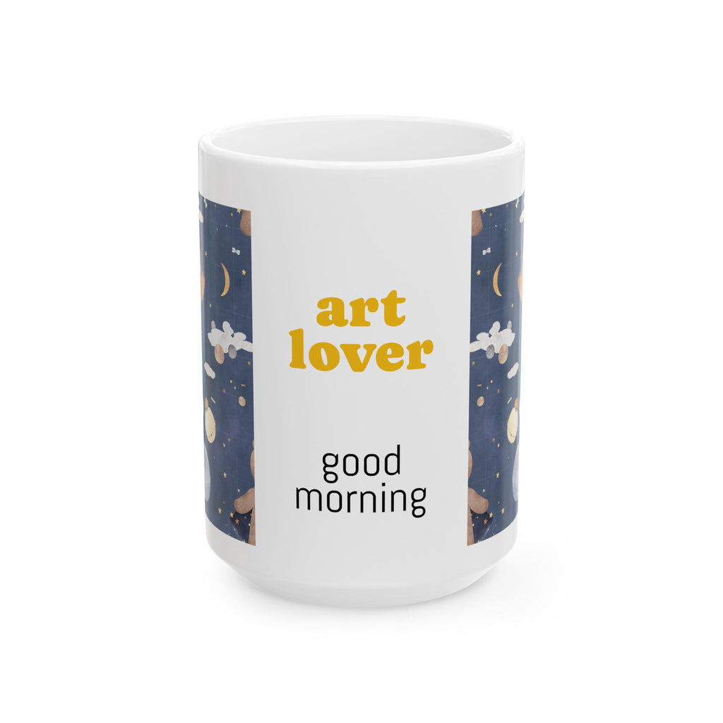Art Lover Ceramic Mug – “Good Morning” Illustrated Moon &amp; Bear Coffee Cup (11oz/15oz)