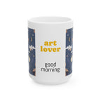Art Lover Ceramic Mug – “Good Morning” Illustrated Moon &amp; Bear Coffee Cup (11oz/15oz)