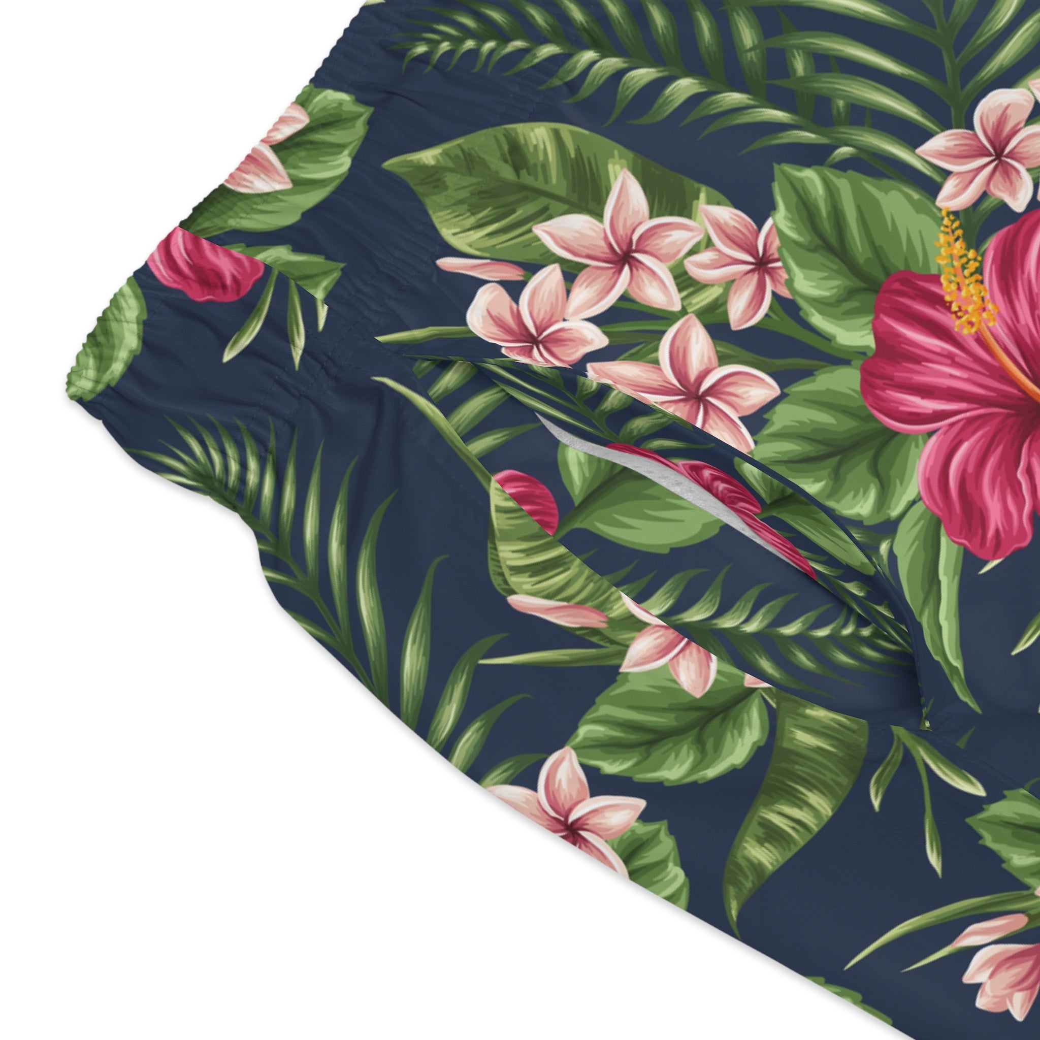 Men's Tropical Floral Swim Trunks — Navy Hibiscus All-Over Print 