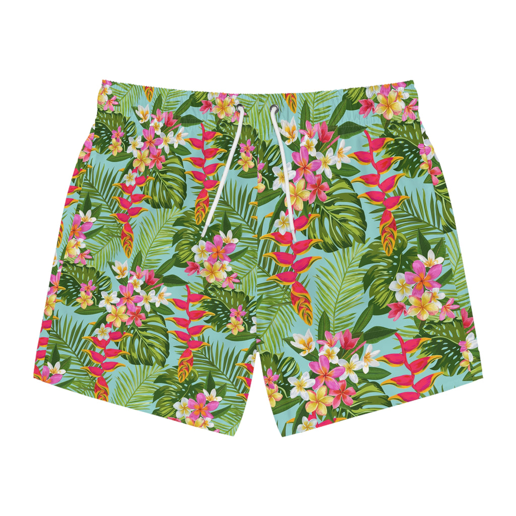 Tropical Floral Swim Trunks - Hawaiian Plumeria & Palm Beach Shorts