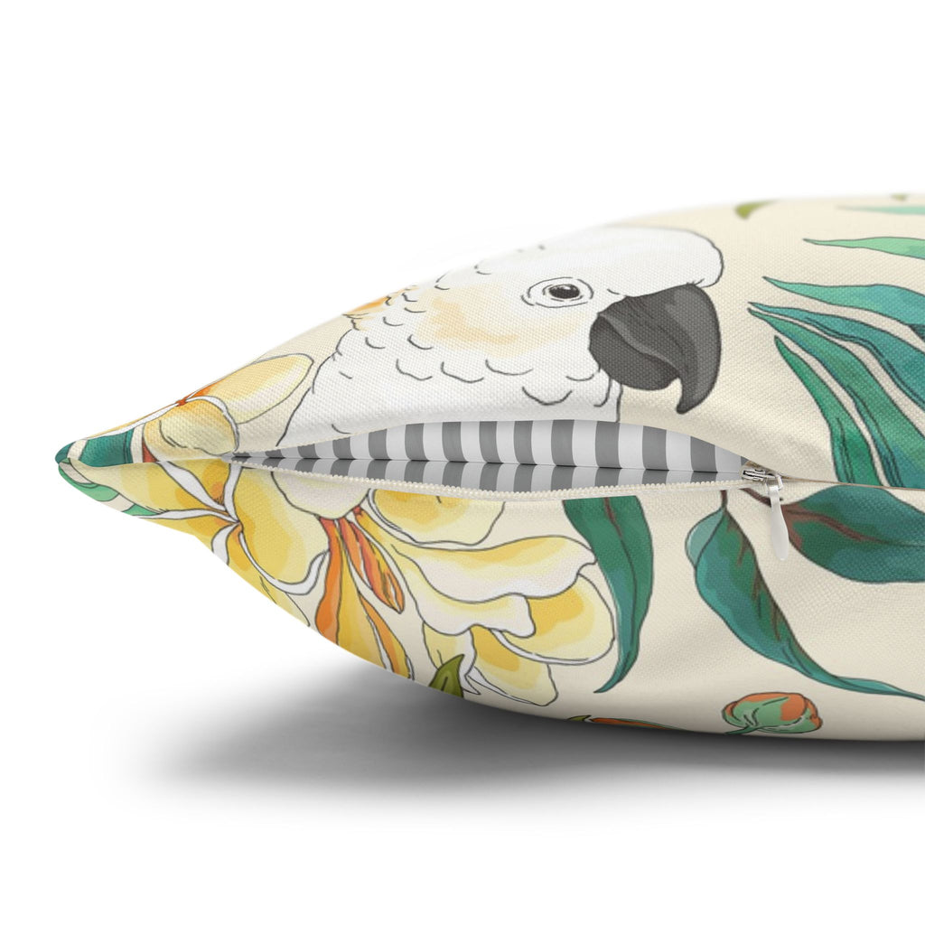 Tropical Cockatoo Floral Pillowcase — Botanical Parrot Throw Pillow Cover
