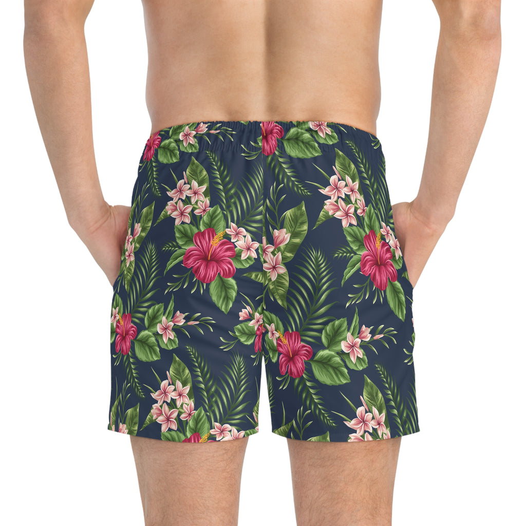 Men's Tropical Floral Swim Trunks — Navy Hibiscus All-Over Print 