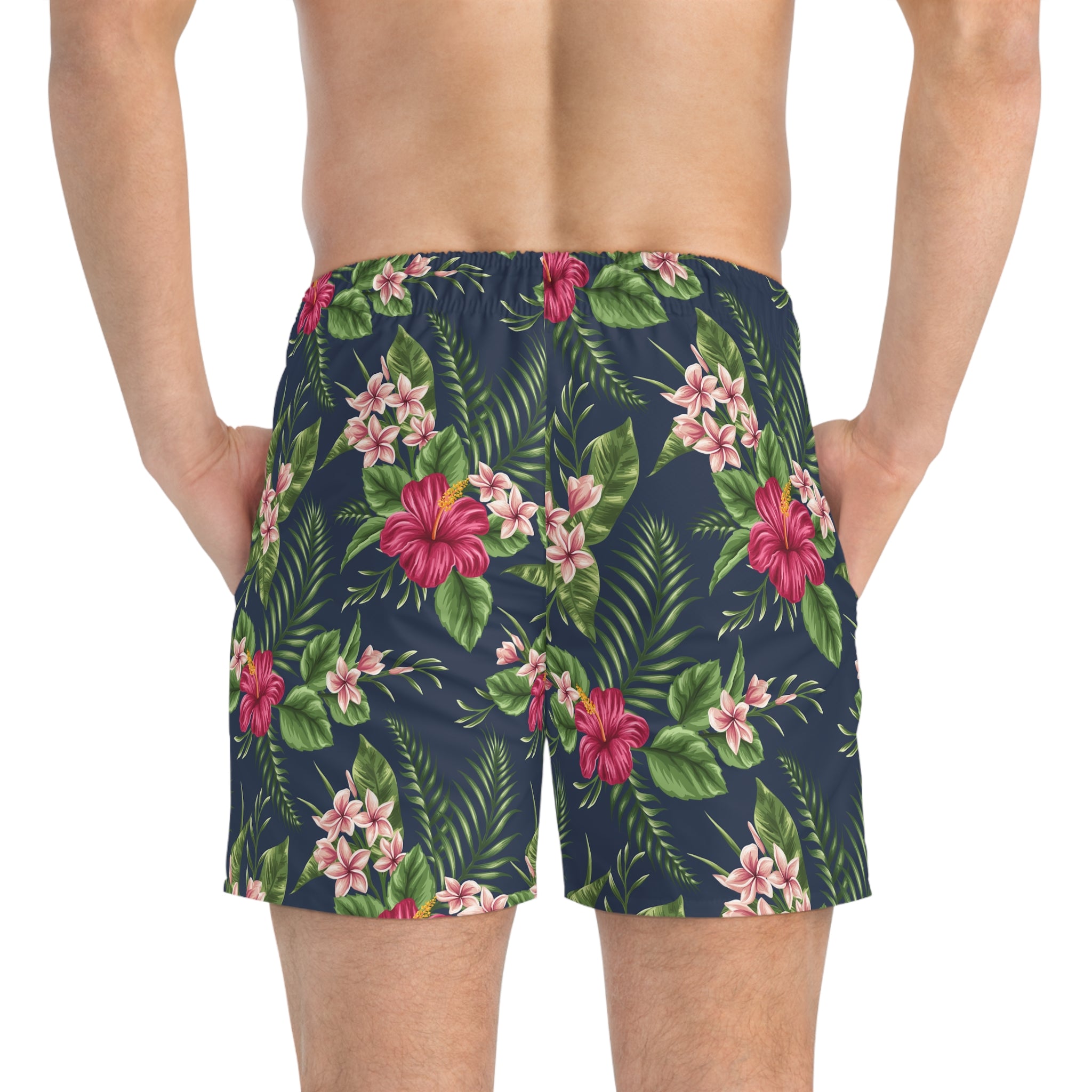 Men's Tropical Floral Swim Trunks — Navy Hibiscus All-Over Print 