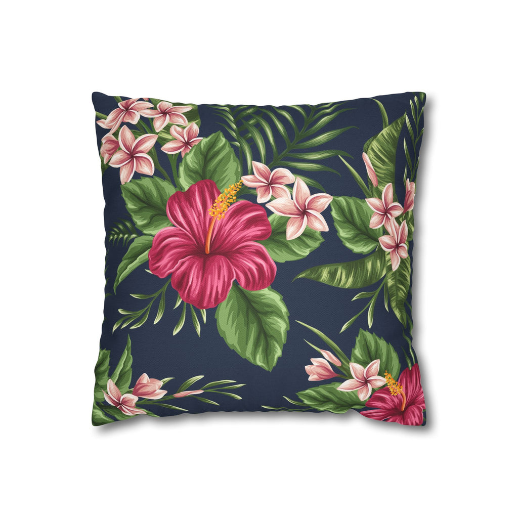 Tropical Hibiscus Pillowcase — Navy Floral Decorative Throw Pillow Cover