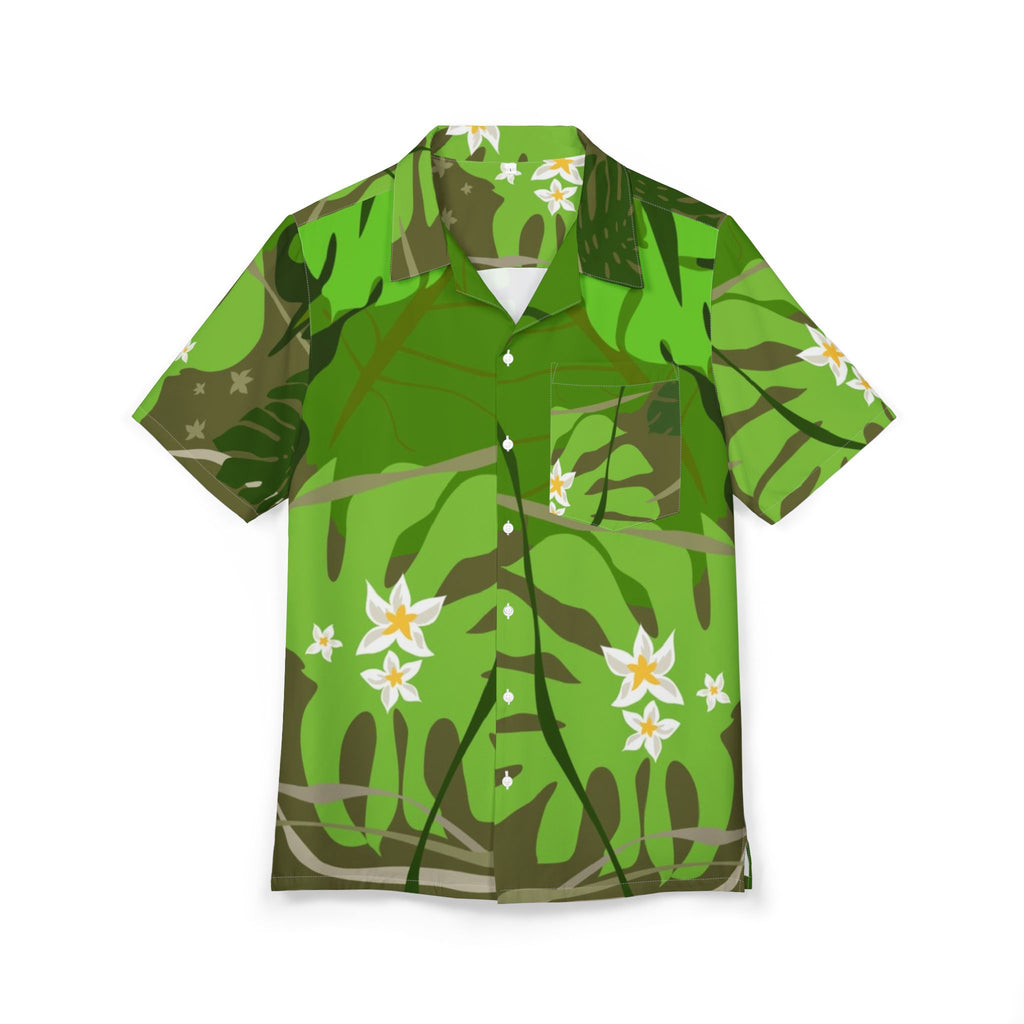 Tropical Jungle Hawaiian Shirt — Green Monstera & Plumeria Aloha Button-Down