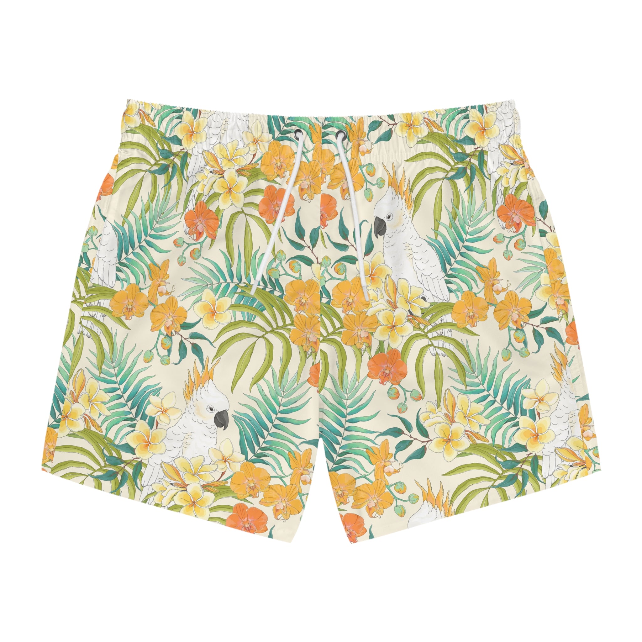Cockatoo Tropical Swim Trunks — Floral Hawaiian All-Over Print 