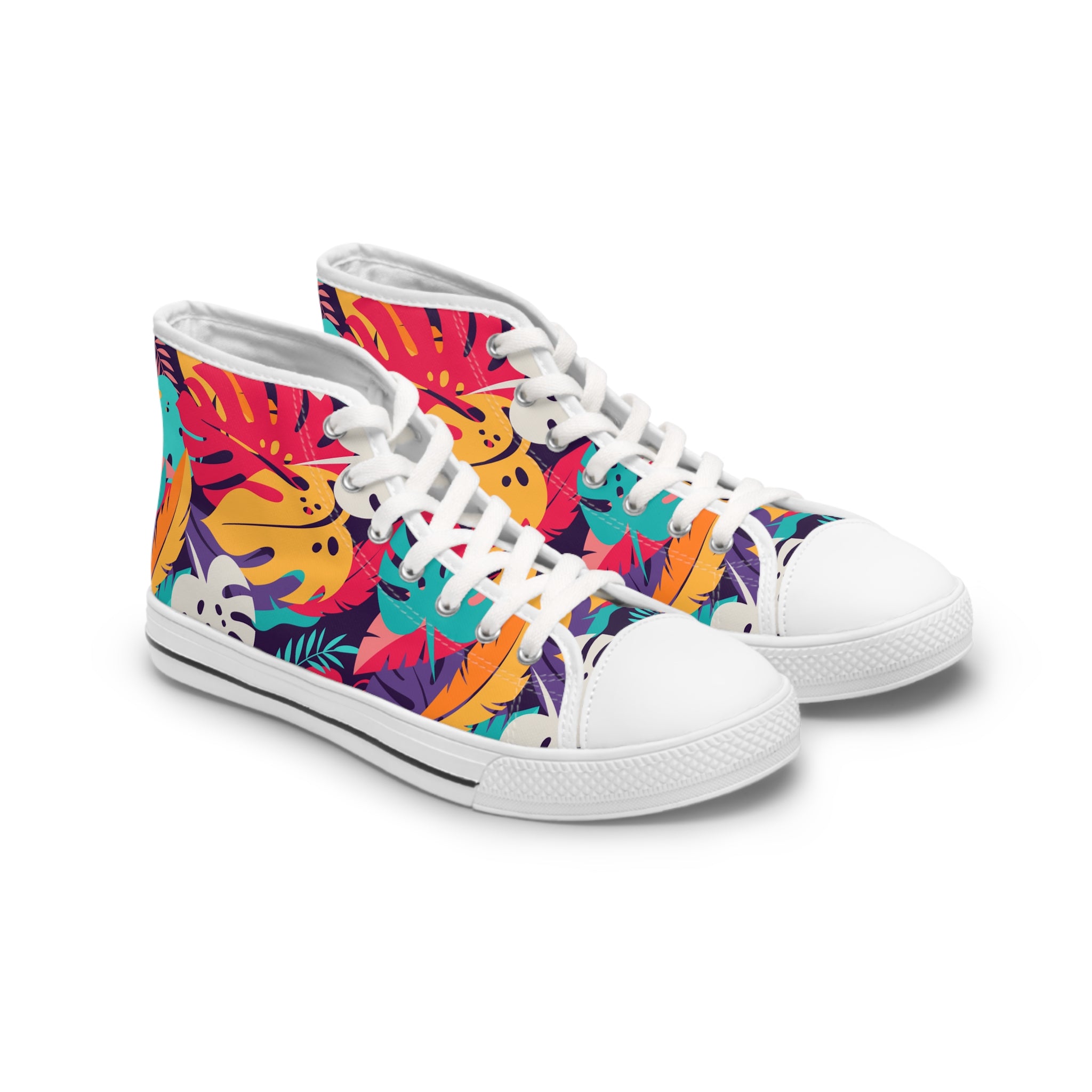 Tropical Floral High-Top Sneakers — Women's Colorful Leaf Print Shoes 