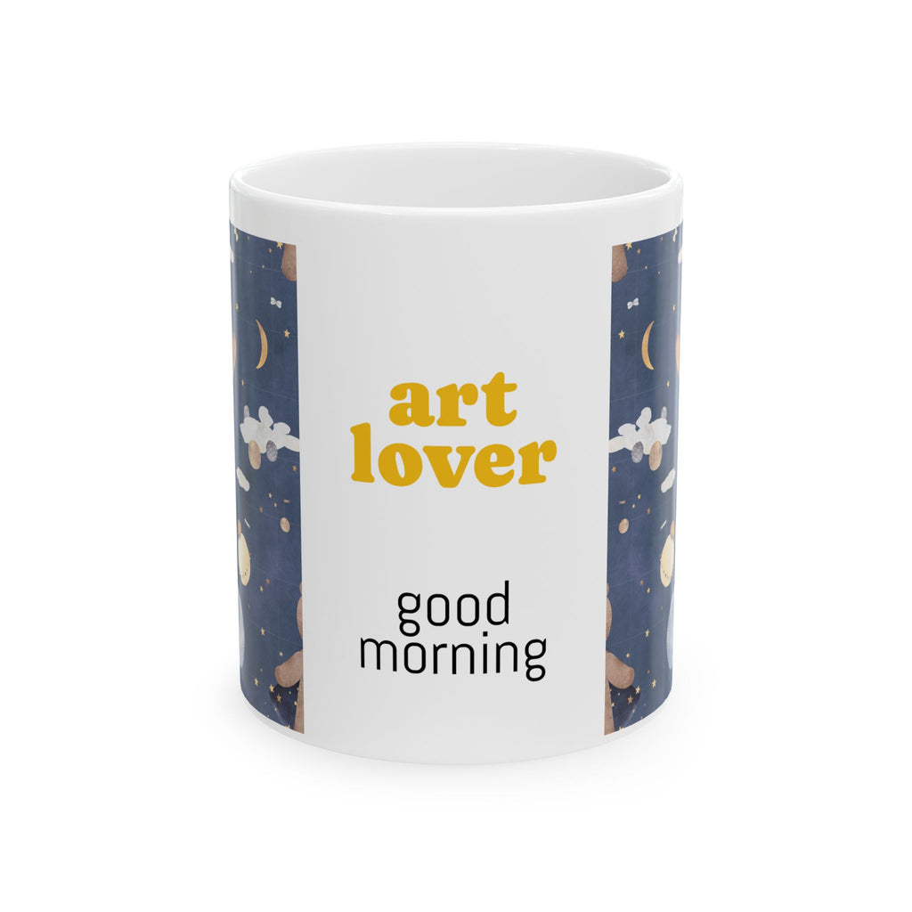 Art Lover Ceramic Mug – “Good Morning” Illustrated Moon &amp; Bear Coffee Cup (11oz/15oz)