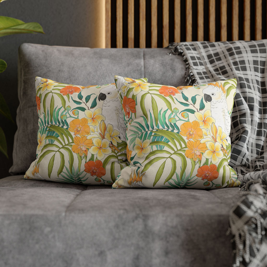 Tropical Cockatoo Floral Pillowcase — Botanical Parrot Throw Pillow Cover
