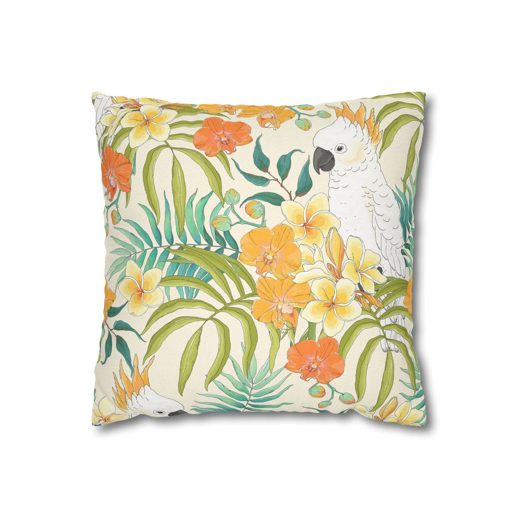 Tropical Cockatoo Floral Pillowcase — Botanical Parrot Throw Pillow Cover