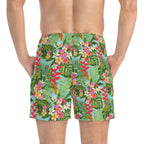 Tropical Floral Swim Trunks - Hawaiian Plumeria & Palm Beach Shorts