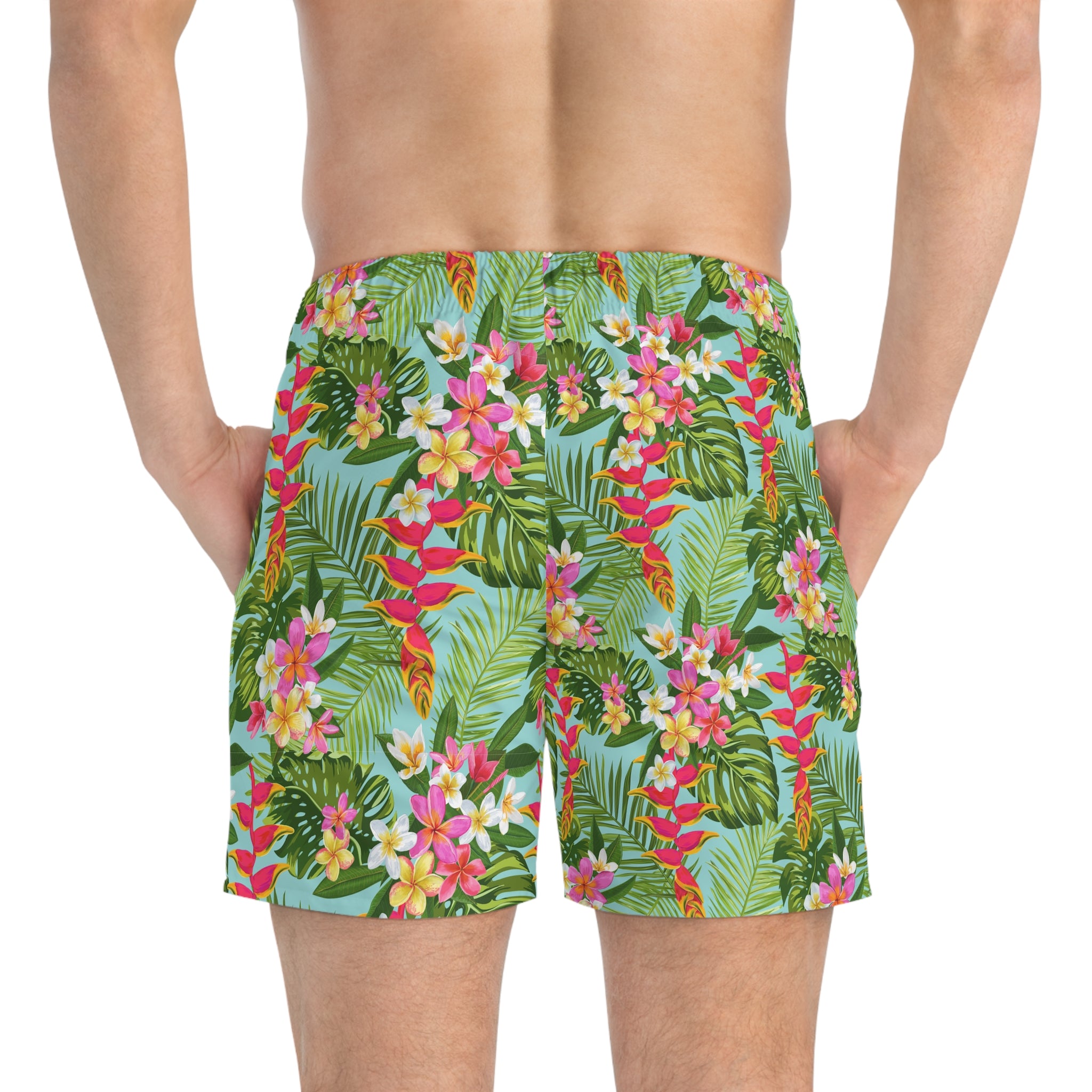 Tropical Floral Swim Trunks - Hawaiian Plumeria &amp; Palm Beach Shorts 